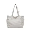 Light grey corduroy tote bag with multiple pockets and soft shoulder straps - Bag / White