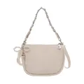 Elegant cream semi-circle crossbody bag with pearl bow and silver chain strap details - With Pendant / White