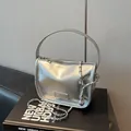Silver metallic chain shoulder bag in glossy patent leather with fashion plaque - Silver