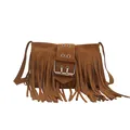 Brown faux suede fringe crossbody bag with vintage bohemian style and metal buckle - Brown