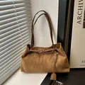 Caramel brown faux suede large tote bag with vintage metal buckle and double straps - Brown