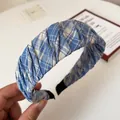 Sweet blue and white checkered pleated headband with twisted fabric design for women - Light Blue Plaid Headband