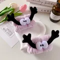 Purple plush reindeer headband with cartoon eyes and matching wristbands for washing face - Purple Big Eyes Style