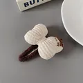 Barrette à cheveux nœud café au lait en tissu crème avec broderie marron foncé élégante - Blanc Cassé