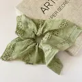 Avocado green organza scrunchie with lace flower embroidery and scalloped edges - Square Hair Tie Style / Bean Green