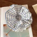 Sky blue striped oversized scrunchie with delicate white lace trim and jewelry tag - Blue Checkered Pattern Scrunchie