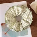 Mint green plaid scrunchie with white lace trim and bow design for hair styling - Green Plaid Large Scrunchie