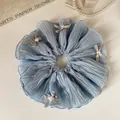 Light blue pleated scrunchie with grey ribbons and pearl accents for ponytails - Blue Bow Double Layer Scrunchie