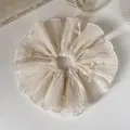 Elegant cream ruffled hair scrunchie with silk bows and pearl accents for women - Off-white Pleated Double Layer Scrunchie