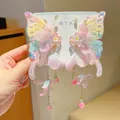 Pink and yellow gradient butterfly hair clip with embroidery and long flower tassels - Multicolor Butterfly Flower Pair Clips