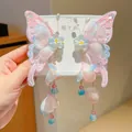 Pink and blue gradient embroidered butterfly hair clip with long tassel and pearls - Blue Butterfly Flower Pair Clips