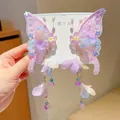 Hanfu butterfly hair clips with purple embroidery lace wings and long beaded tassels - Purple Butterfly Flower Pair Clips