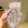 Pink and yellow embroidered butterfly hair clip with pastel silk ribbons and pearls - Pink Flower Large Butterfly With Ribbon