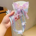 Pink and blue gradient butterfly hair clip with elegant long tassel and pearls - Purple Flower Large Butterfly With Ribbon