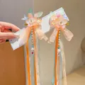 Hanfu hair clips with orange resin flowers and colorful chiffon ribbons and pearls - Orange Large Flower Bowknot Ribbon Clip