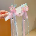 Pink and blue hanfu hair clips with long organza tassels and delicate resin flowers - Pink Large Flower Bowknot Ribbon Clip