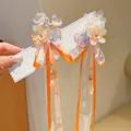 Orange and pink butterfly hair clips with long satin tassels for girls' Hanfu hairstyles - Orange Large Flower Tassel Clip