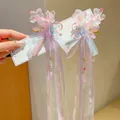 Pink and blue butterfly hair clips with long ribbons and beaded tassels for girls - Pink Large Flower Tassel Clip