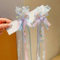 Pinza para pelo de mariposa azul y rosa con borlas largas y perlas de Hanfu - Huajian Borla Azul