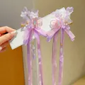 Pinza de pelo mariposa Hanfu púrpura con borlas largas de seda y pétalos de flores gasa - Huajian Borla Morada