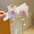 Pink and blue hanfu butterfly hair clips with long silk ribbons and tassel details - Pink Flower Butterfly Tassel