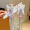 Pink and blue embroidered butterfly hair clip with silk ribbons and pearl tassels - Blue Flower Butterfly Tassel Clip