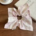 Floral square scarf hair scrunchie with lace trim and vintage landscape print - Purple Tree