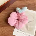 Pink and blue fabric flower hair tie with ruched texture for girls' ponytails - Pink Bowknot Scrunchie
