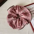 Pink and brown plaid fabric scrunchie with elastic hair tie and vintage check pattern - Pink Plaid