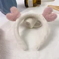 Cute white plush headband with pink heart ears for face washing or makeup - White Headband Pink Antlers