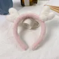 Pink plush headband with white heart-shaped fluffy ears for skincare and makeup routines - Pink Headband White Antlers