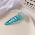 Sweet light blue resin rose flower BB hair clip with a drop-shaped metal base - Blue Flower