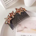 Star-shaped hair comb with champagne crystals and faux pearls for elegant hair styling - Coffee Star