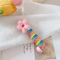 Rainbow gradient spiral hair tie with a pink flower decoration and high elastic cord - Pink Flower