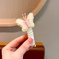 Cream spiral hair tie with a pink and yellow plaid embroidered butterfly ornament - Yellow Butterfly