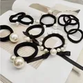 Five-piece set of black high-elastic hair ties with white pearls and silk bows - Luxurious Multi-Style Pearl Combination