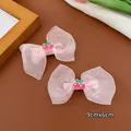 Set of two pink organza hair clips with cherry embroidery and silver duckbill clips - Duckbill Hair Clips / Light Pink