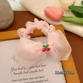 Pink tulle bow hair clip for girls with cherry embroidery and pearls, size 11x6cm - Pearl Beaded Hair Tie / Light Pink