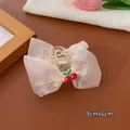 Fermaglio per capelli con fiocco in organza rosa e ciliegia ricamata per bambine - Grande Pinza per Capelli / Beige
