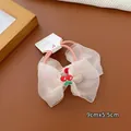 Coppia di fiocchi per capelli in organza rosa con ricamo a ciliegia per bambina - Fiocco Sottile / Beige