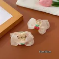 Pink organza bow hair clips with cherry embroidery and acrylic base for girls - Small Claw / Beige