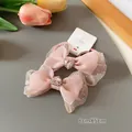 Set of two pink satin bow hair clips with tulle and heart-shaped rhinestone details - Heart Scrunchie / Pink