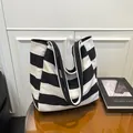 Classic large black and white striped canvas tote bag with sturdy double shoulder straps - Black