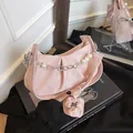 Pink pleated underarm bag with pearl flower chain and bear graphic pattern - Pink