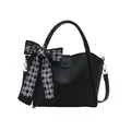 Large capacity black soft leather bucket bag with decorative diamond pattern silk scarf - Black