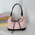 Borsa rosa trapuntata con motivo a fiocco nero e manici in pelle in stile coreano - Rosa