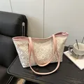 Elegante Shopper-Tasche mit floralem Jacquard-Muster in Rosa und Weiß und Leder - Rosa