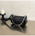 Minimalist black glossy wrinkled leather shoulder bag with chunky silver chain strap - Black