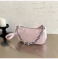 Pink minimalist hobo bag with glossy wrinkled leather texture and silver chain - Pink