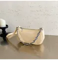 Minimalist beige baguette shoulder bag with crinkled patent leather and silver chain strap - Yellow